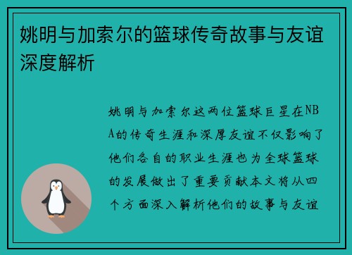 姚明与加索尔的篮球传奇故事与友谊深度解析